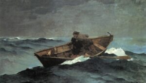 two men in boat in rough sea