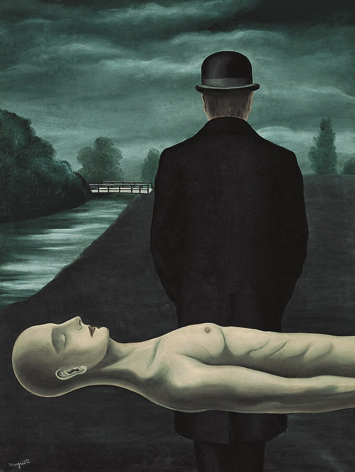 A painting showing a reclining nude, bald Caucasian hovering before the back of a man wearing a bowler hat, Magritte