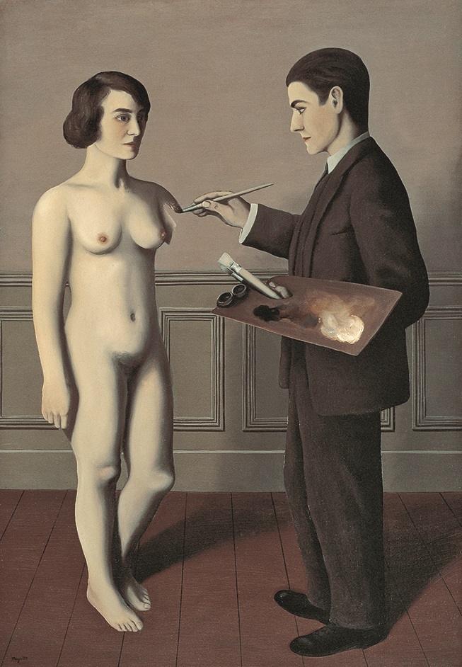 A painting featuring a Caucaian man wearing a suit appearing to paint the nude body of a Caucasian woman, Magritte