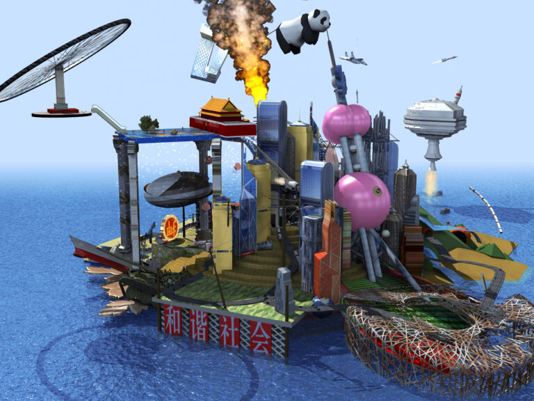 Video still of an animated city