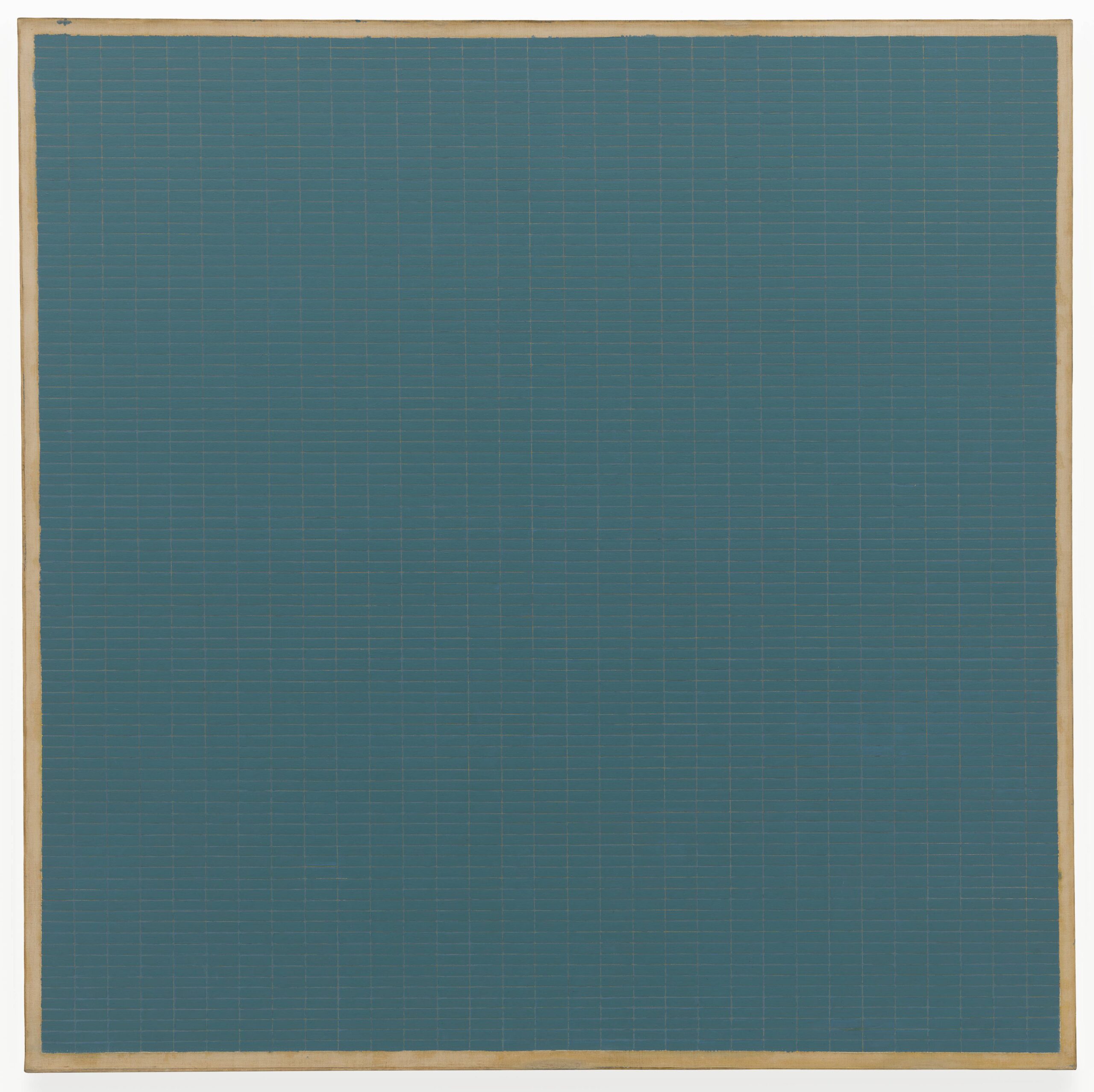 A square painting covered in a seafoam green paint overlaid with very thin grid lines in gold.
