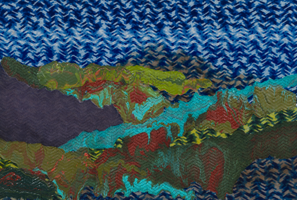 Detail of a stained blue woven rug painted with thick, matte paint