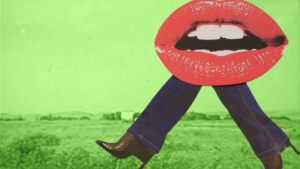 Animated film still with a lime green background and two high-heeled legs coming out of a giant pair of lips.