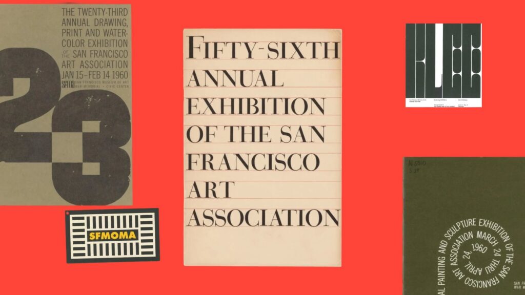 A red background with a collage of 5 yellowed pieces of archival marketing materials containing various SFMOMA logos and graphics, the most noticable of which says "fifty-sixth annual exhibition of the San Francisco Art Association."